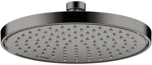 Große runde Kopfbrause von AXOR in poliertem Schwarzchrom mit mehreren Wasserdüsen für einen gleichmäßigen Wasserfluss.